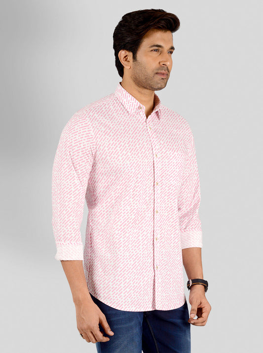 Powder Pink & White Printed Slim Fit Casual Shirt | JB Sport