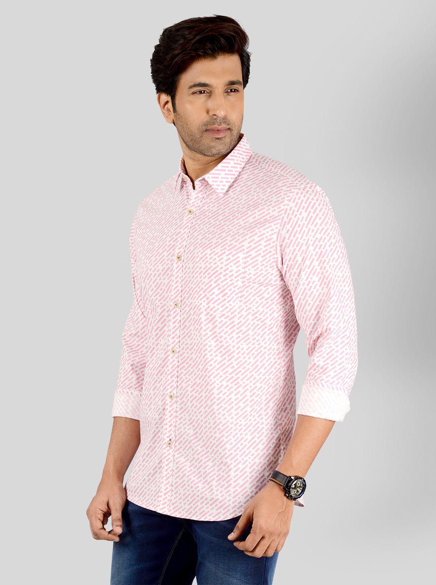 Powder Pink & White Printed Slim Fit Casual Shirt | JB Sport