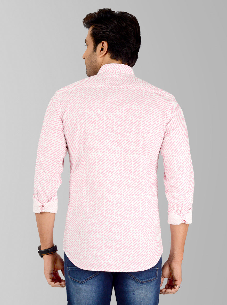 Powder Pink & White Printed Slim Fit Casual Shirt | JB Sport