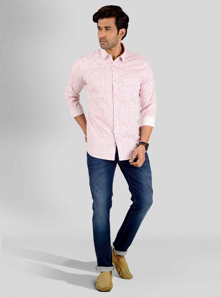 Powder Pink & White Printed Slim Fit Casual Shirt | JB Sport