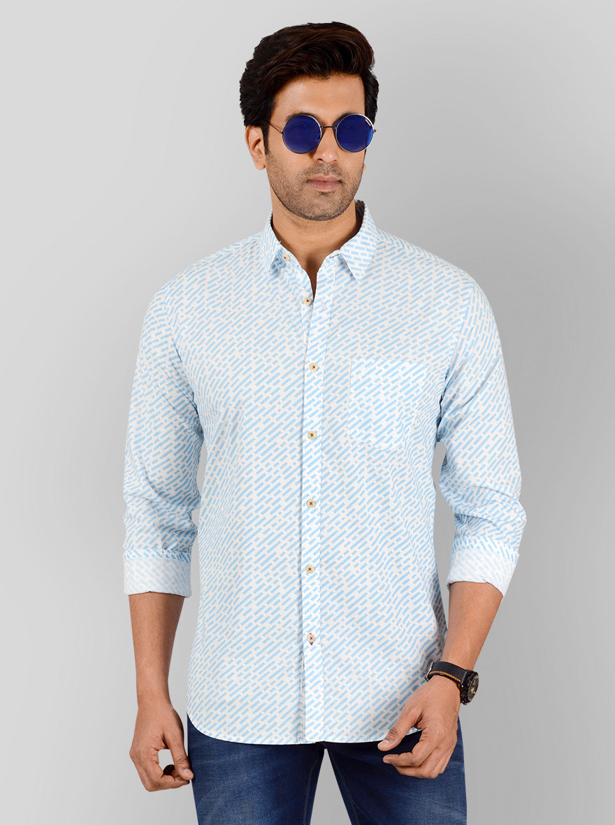 Air Blue & White Printed Slim Fit Casual Shirt | JB Sport