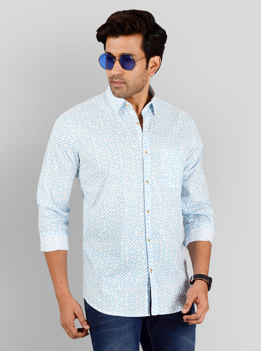 Air Blue & White Printed Slim Fit Casual Shirt | JB Sport