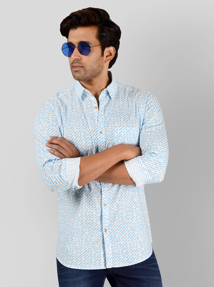 Air Blue & White Printed Slim Fit Casual Shirt | JB Sport