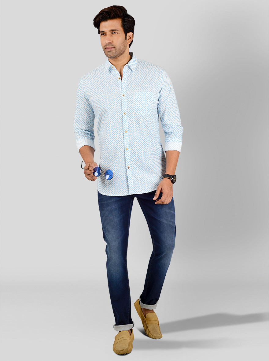 Air Blue & White Printed Slim Fit Casual Shirt | JB Sport