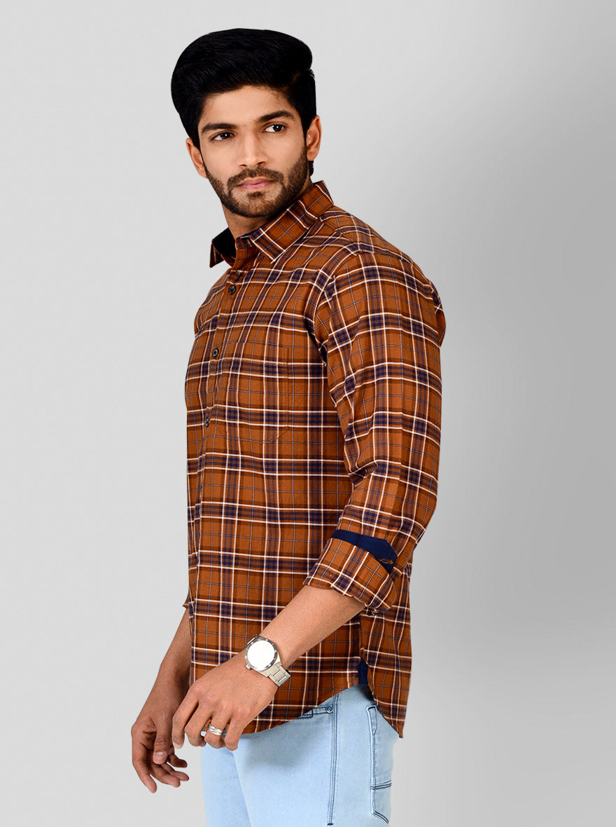 Light Brown Checked Slim Fit Casual Shirt | Greenfibre