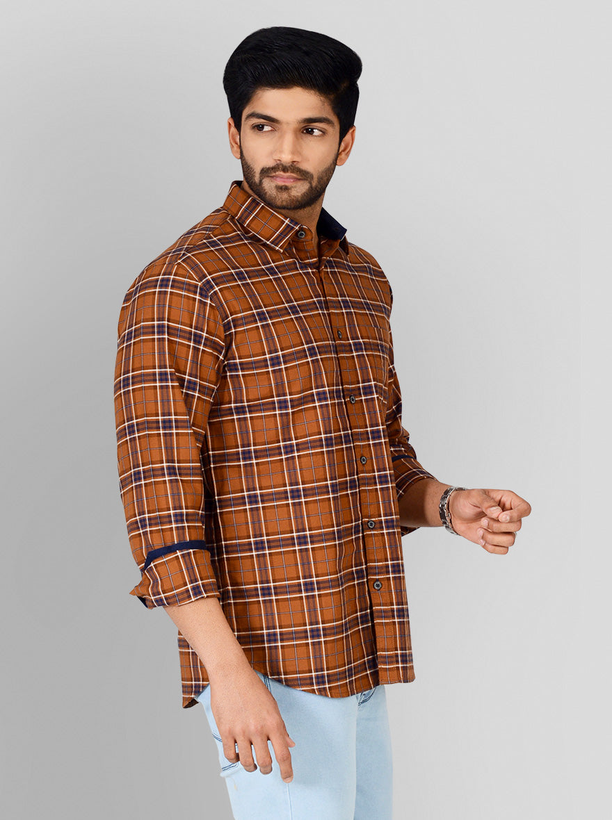 Light Brown Checked Slim Fit Casual Shirt | Greenfibre