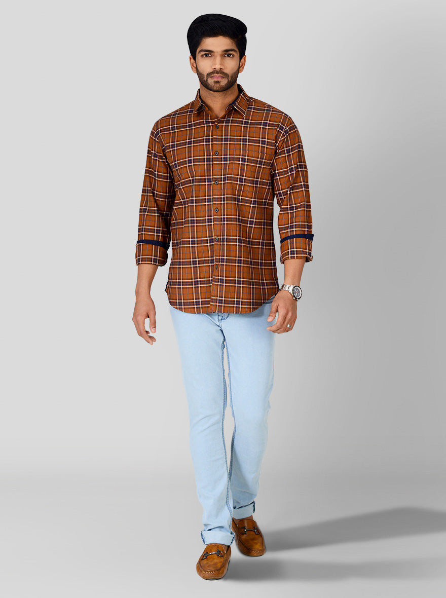 Light Brown Checked Slim Fit Casual Shirt | Greenfibre