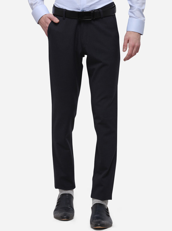Dark Blue Checked Slim Fit Formal Trouser | JB Studio