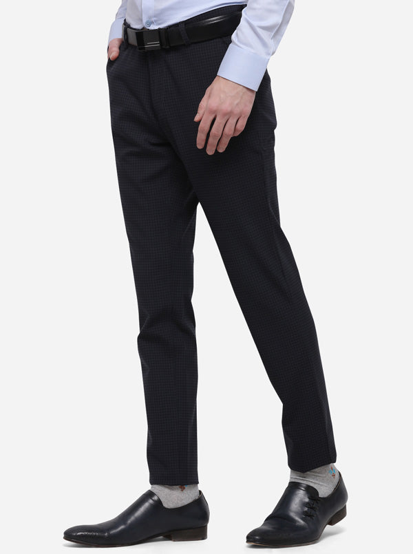 Dark Blue Checked Slim Fit Formal Trouser | JB Studio
