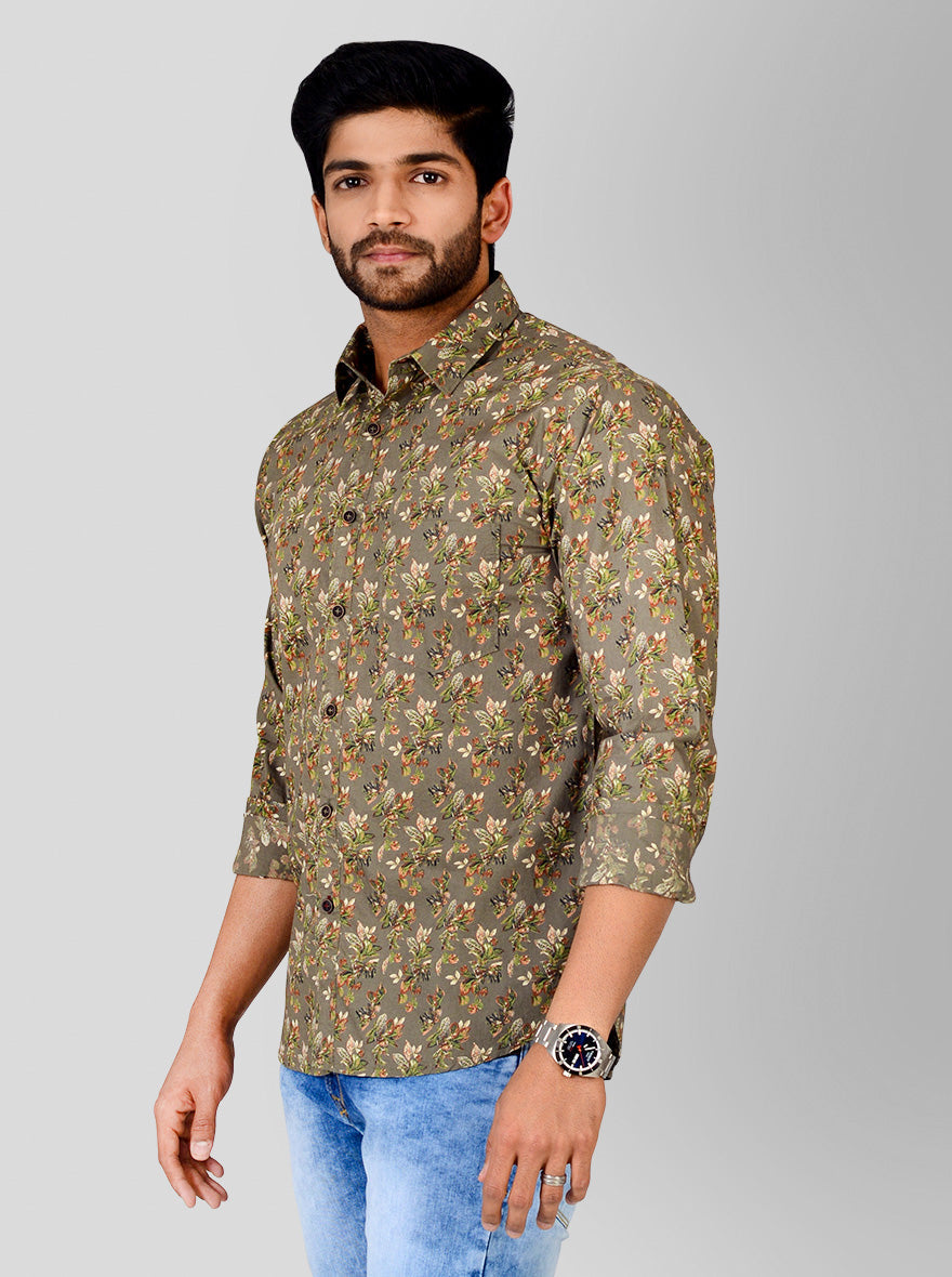 Dull Brown Printed Slim Fit Casual Shirt | Greenfibre