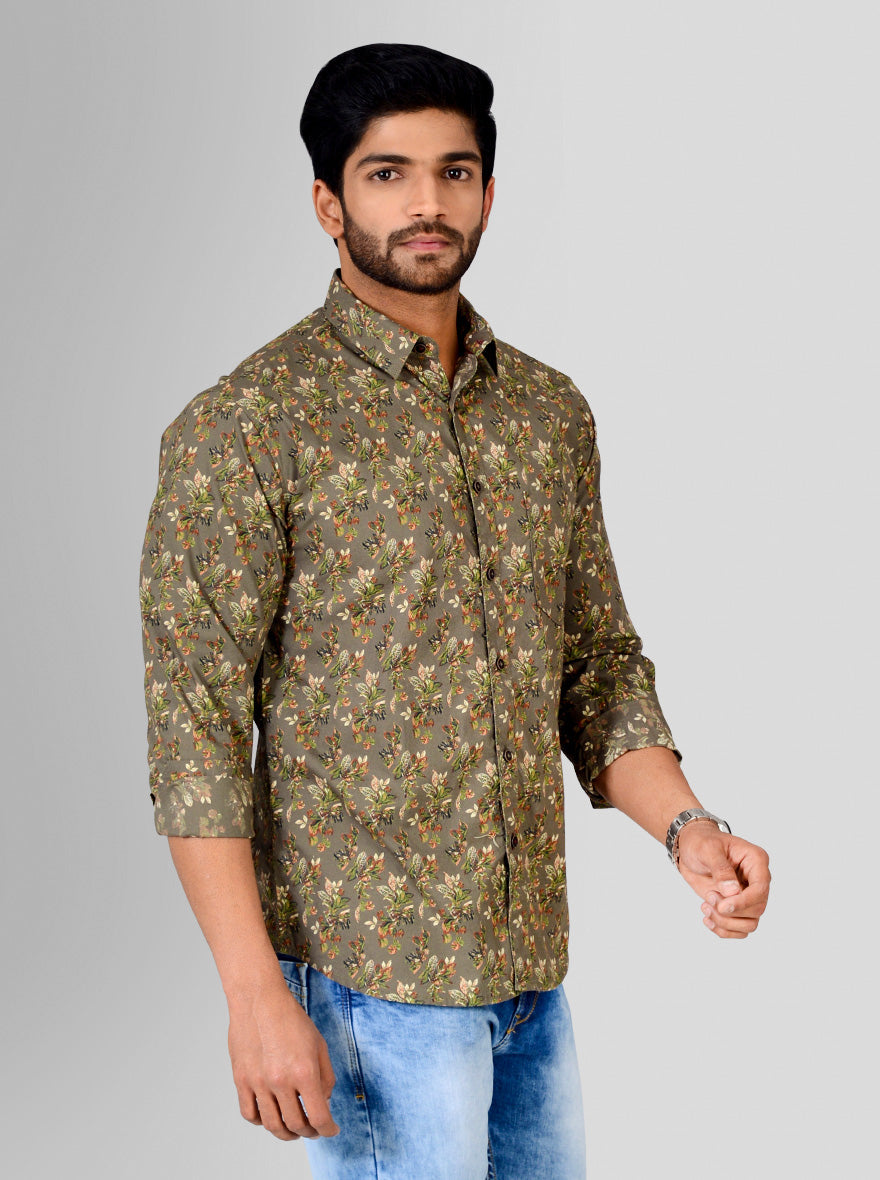 Dull Brown Printed Slim Fit Casual Shirt | Greenfibre