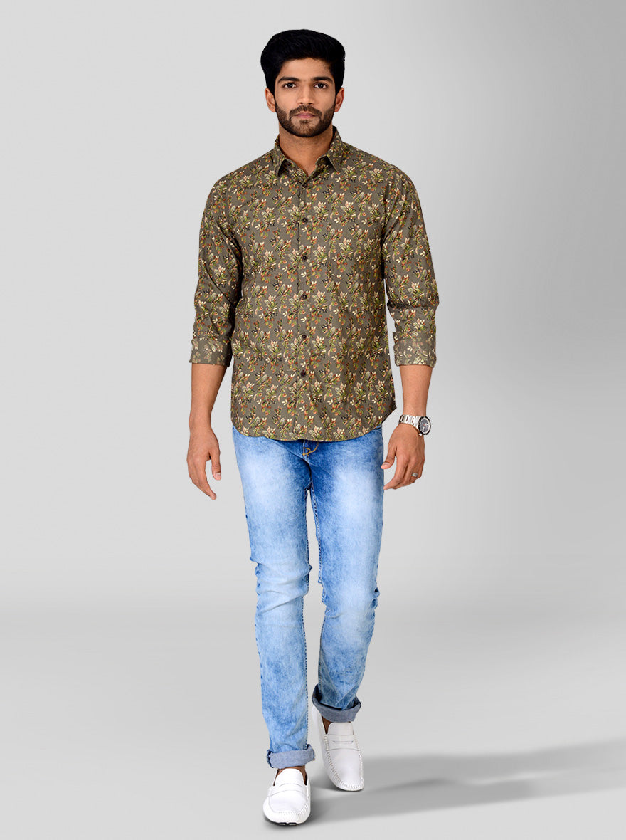 Dull Brown Printed Slim Fit Casual Shirt | Greenfibre