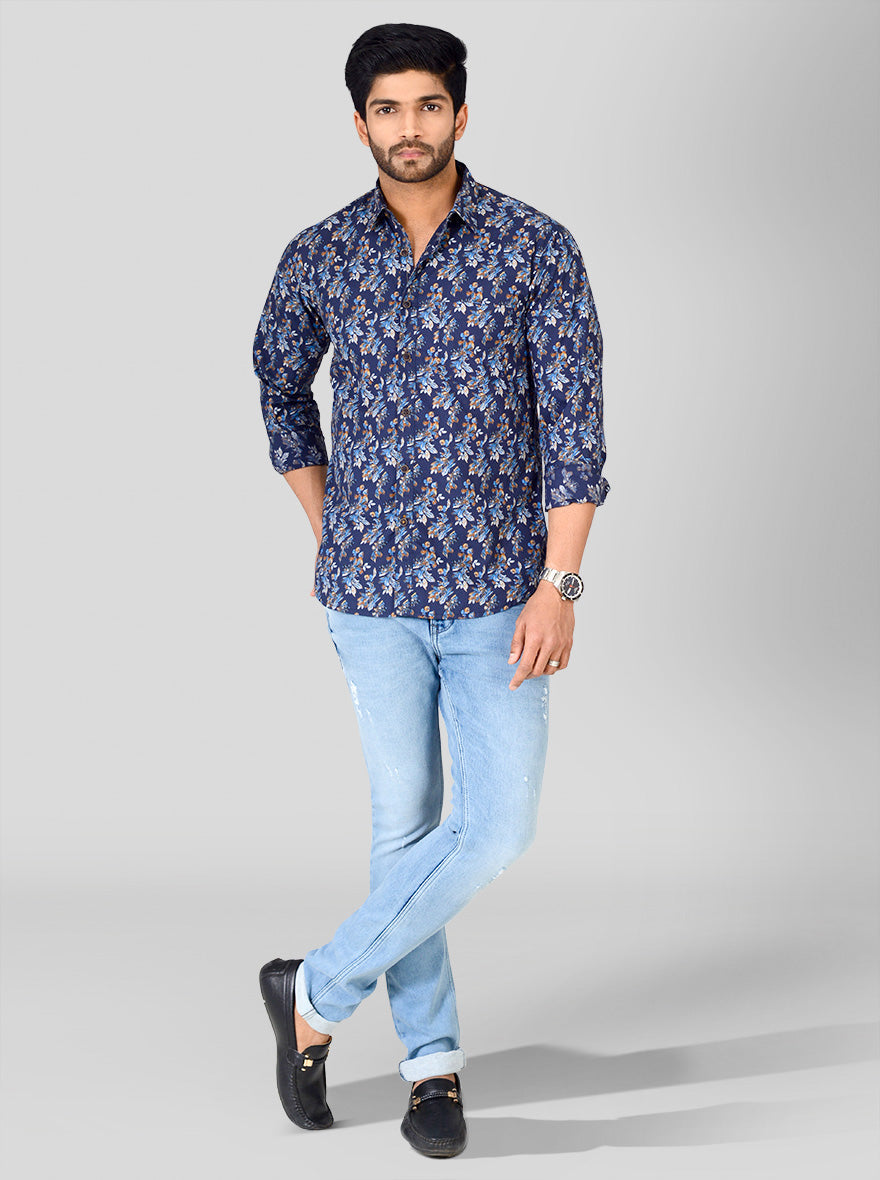 Metal Blue Printed Slim Fit Casual Shirt | Greenfibre