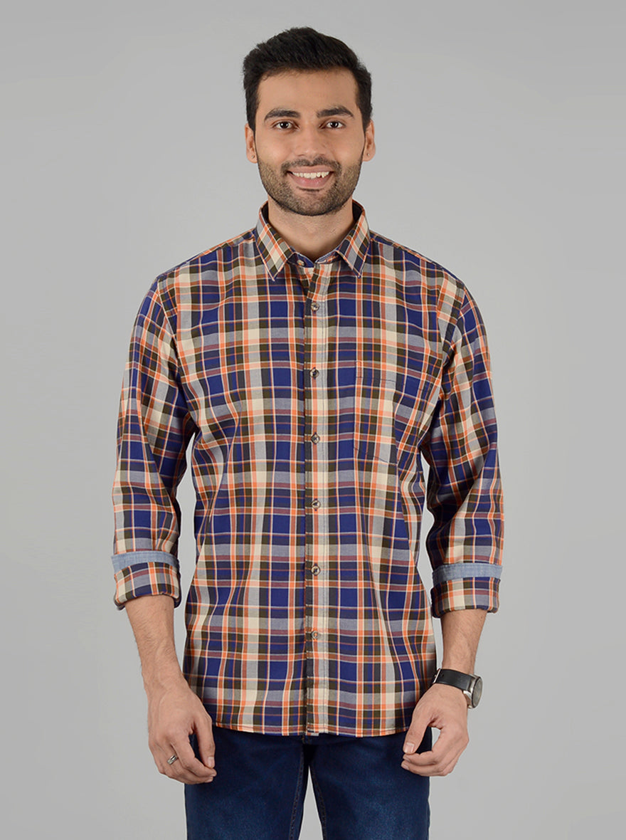 Victoria Blue Checked Slim Fit Casual Shirt | Greenfibre