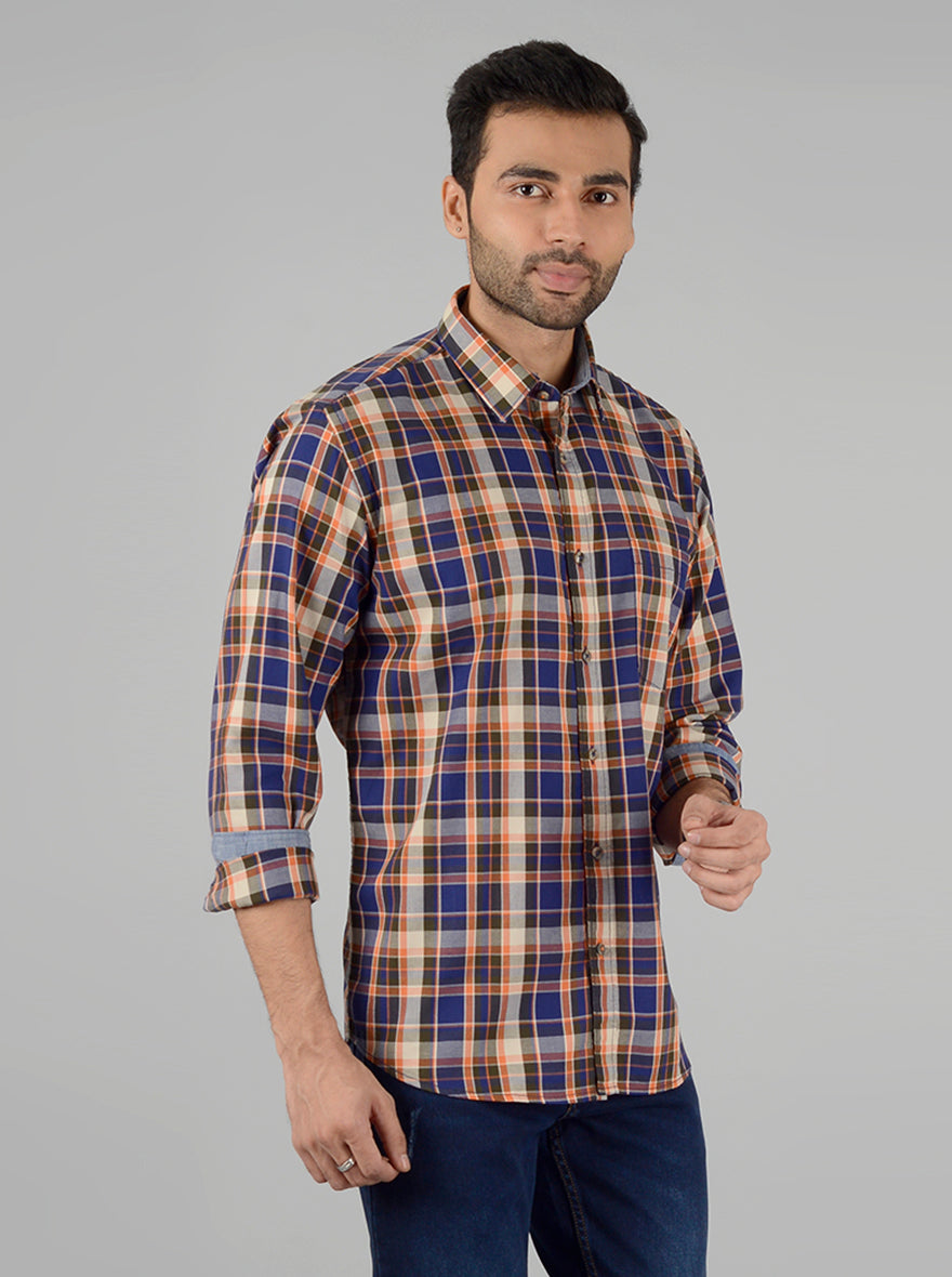 Victoria Blue Checked Slim Fit Casual Shirt | Greenfibre