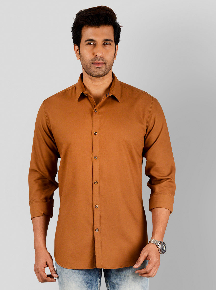 Tobacco Brown Self Textured Slim Fit Casual Shirt | JB Sport