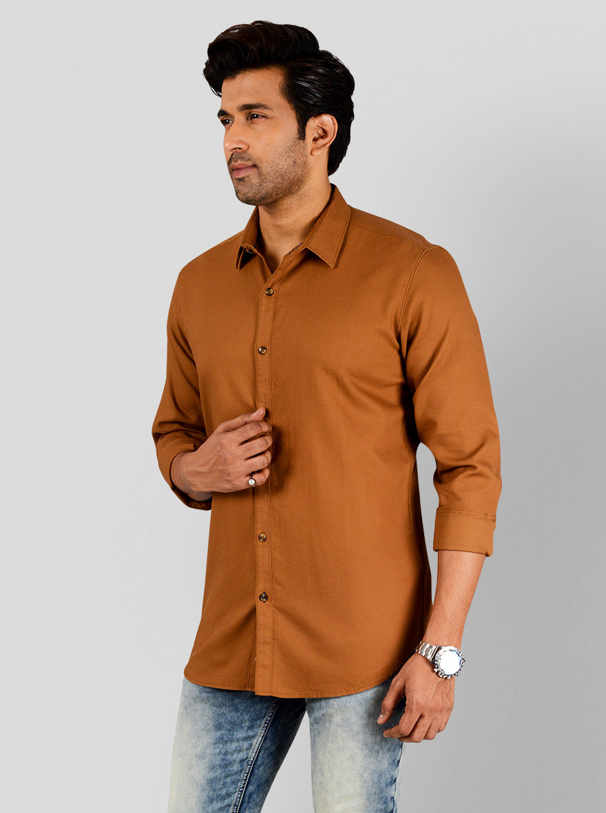 Tobacco Brown Self Textured Slim Fit Casual Shirt | JB Sport