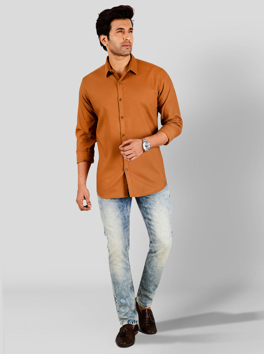 Tobacco Brown Self Textured Slim Fit Casual Shirt | JB Sport