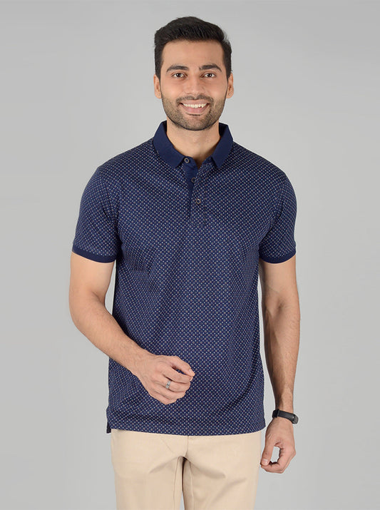 Navy Blue Printed Slim Fit Polo T-Shirt | JB Sport