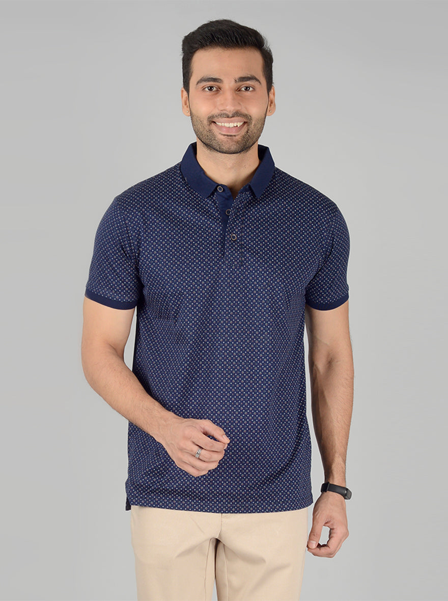 Navy Blue Printed Slim Fit Polo T-Shirt | JB Sport