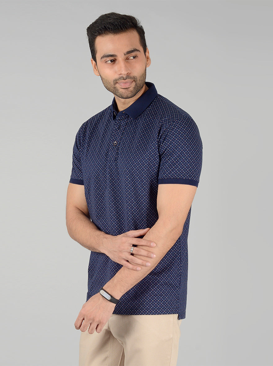 Navy Blue Printed Slim Fit Polo T-Shirt | JB Sport