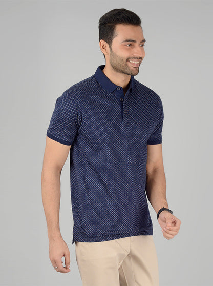 Navy Blue Printed Slim Fit Polo T-Shirt | JB Sport