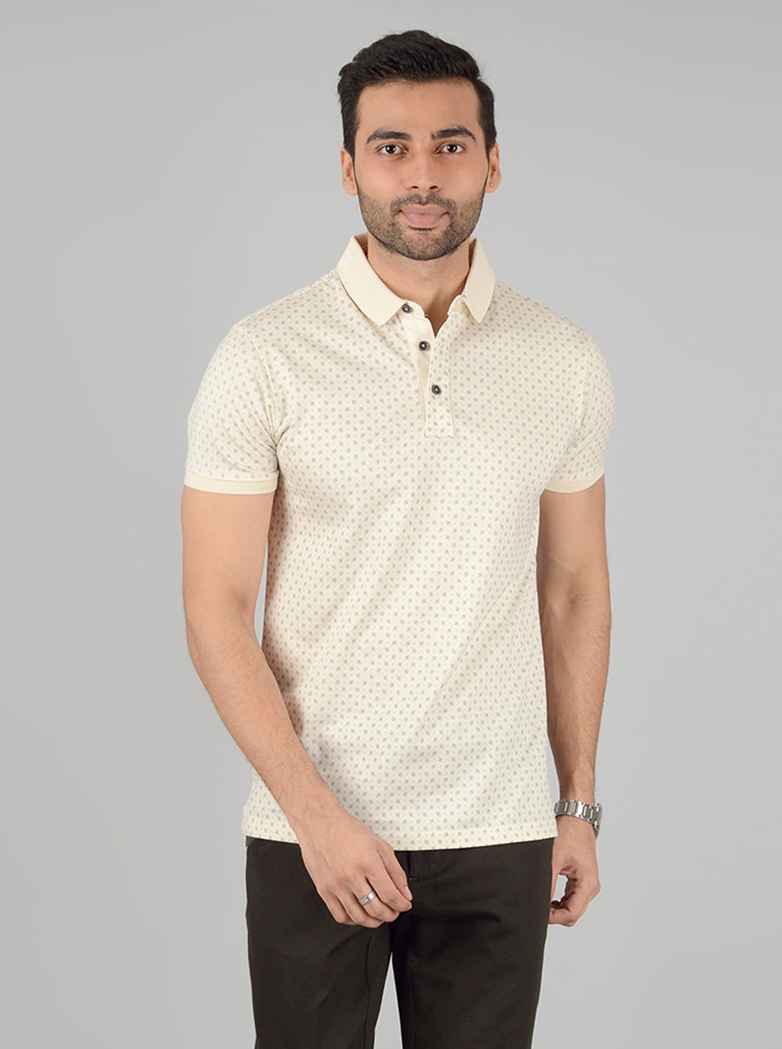 Cream Printed Slim Fit Polo T-Shirt | JB Sport