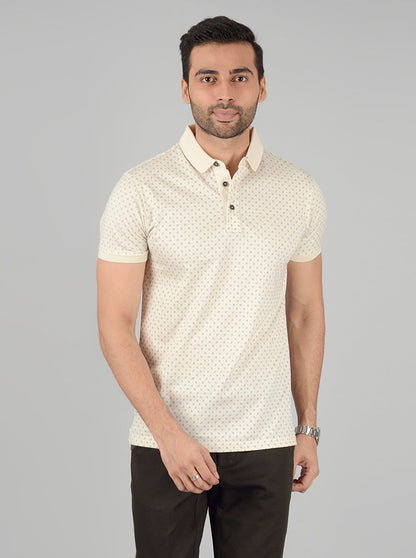Cream Printed Slim Fit Polo T-Shirt | JB Sport