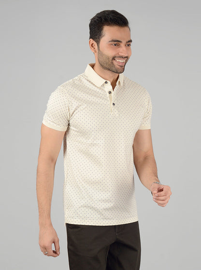Cream Printed Slim Fit Polo T-Shirt | JB Sport