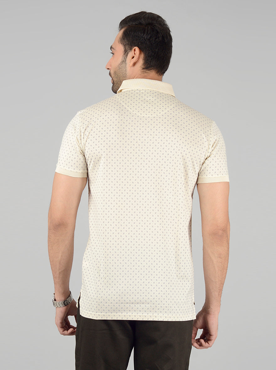 Cream Printed Slim Fit Polo T-Shirt | JB Sport