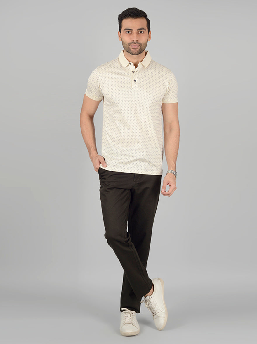 Cream Printed Slim Fit Polo T-Shirt | JB Sport