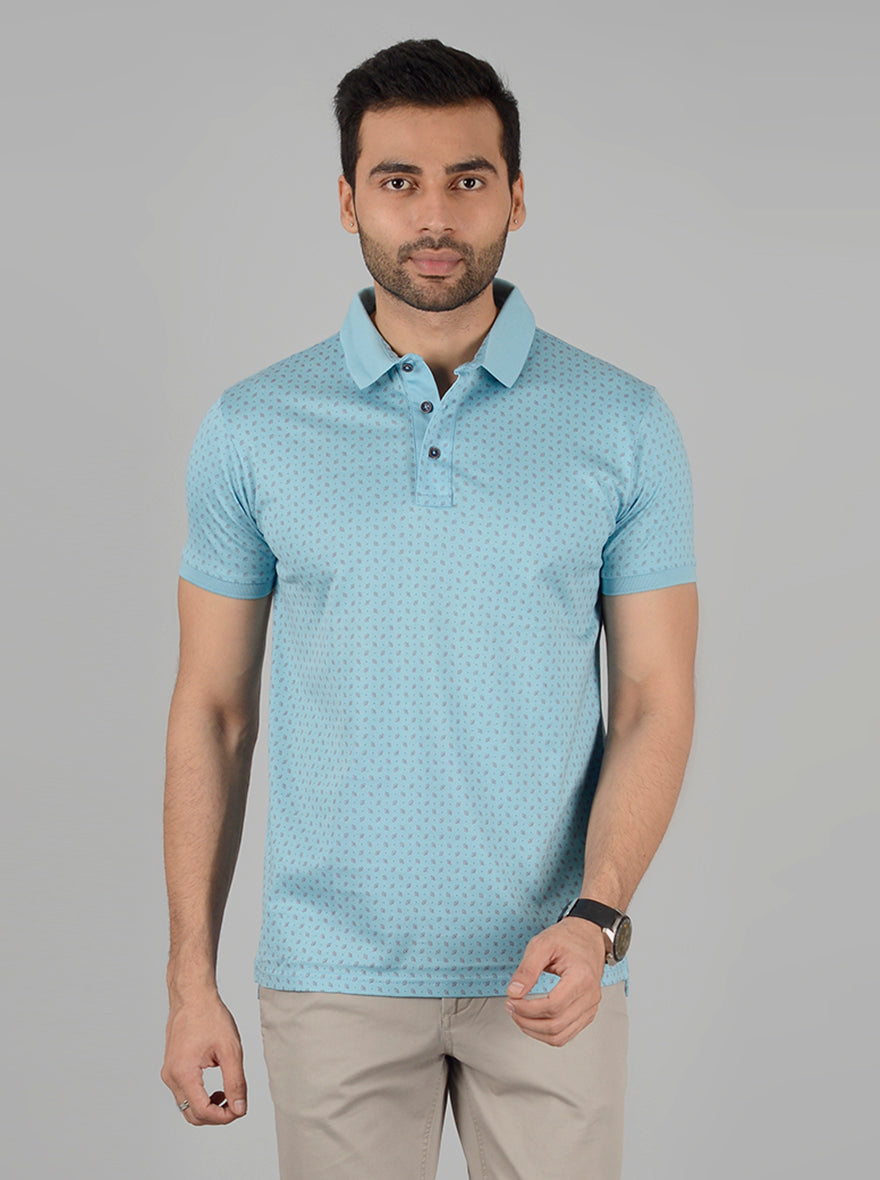 Sky Blue Printed Slim Fit Polo T-Shirt | JB Sport