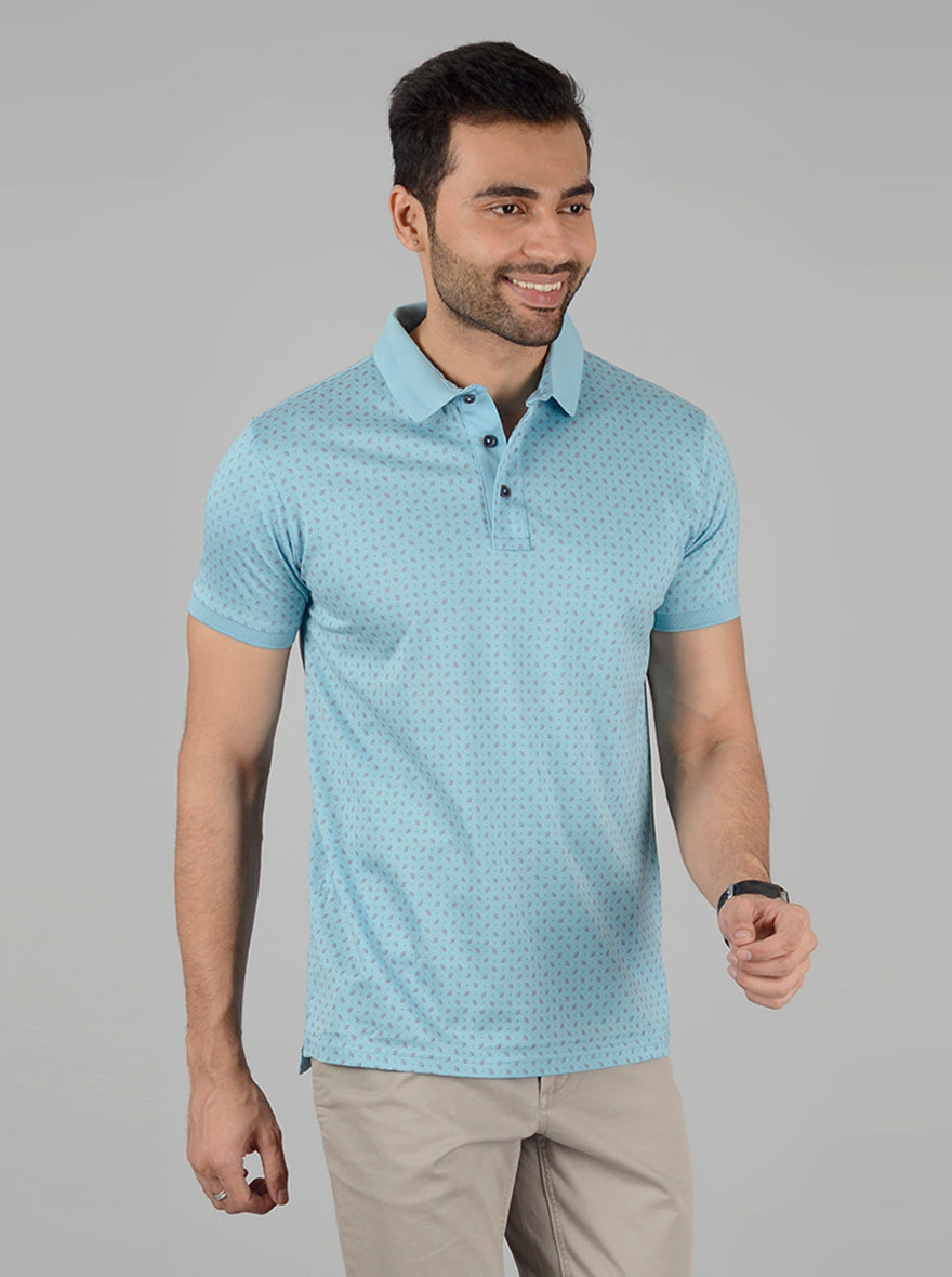 Sky Blue Printed Slim Fit Polo T-Shirt | JB Sport