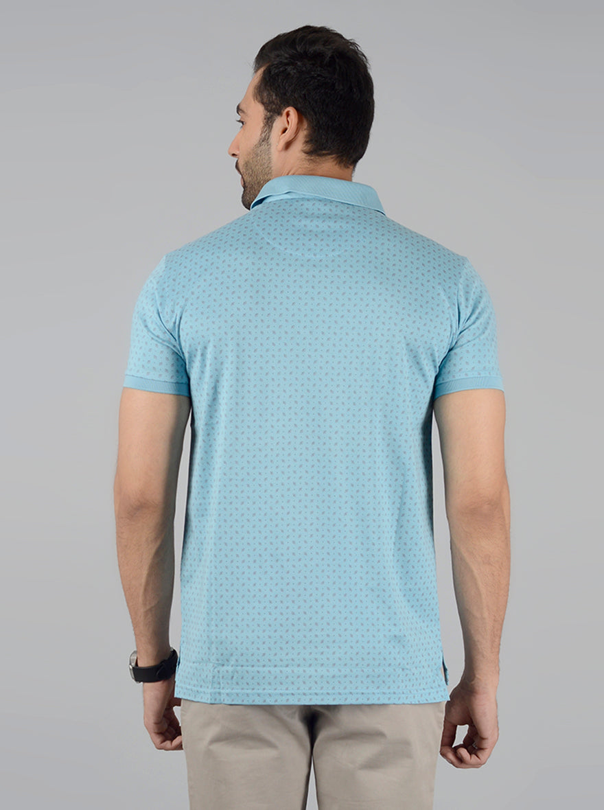 Sky Blue Printed Slim Fit Polo T-Shirt | JB Sport