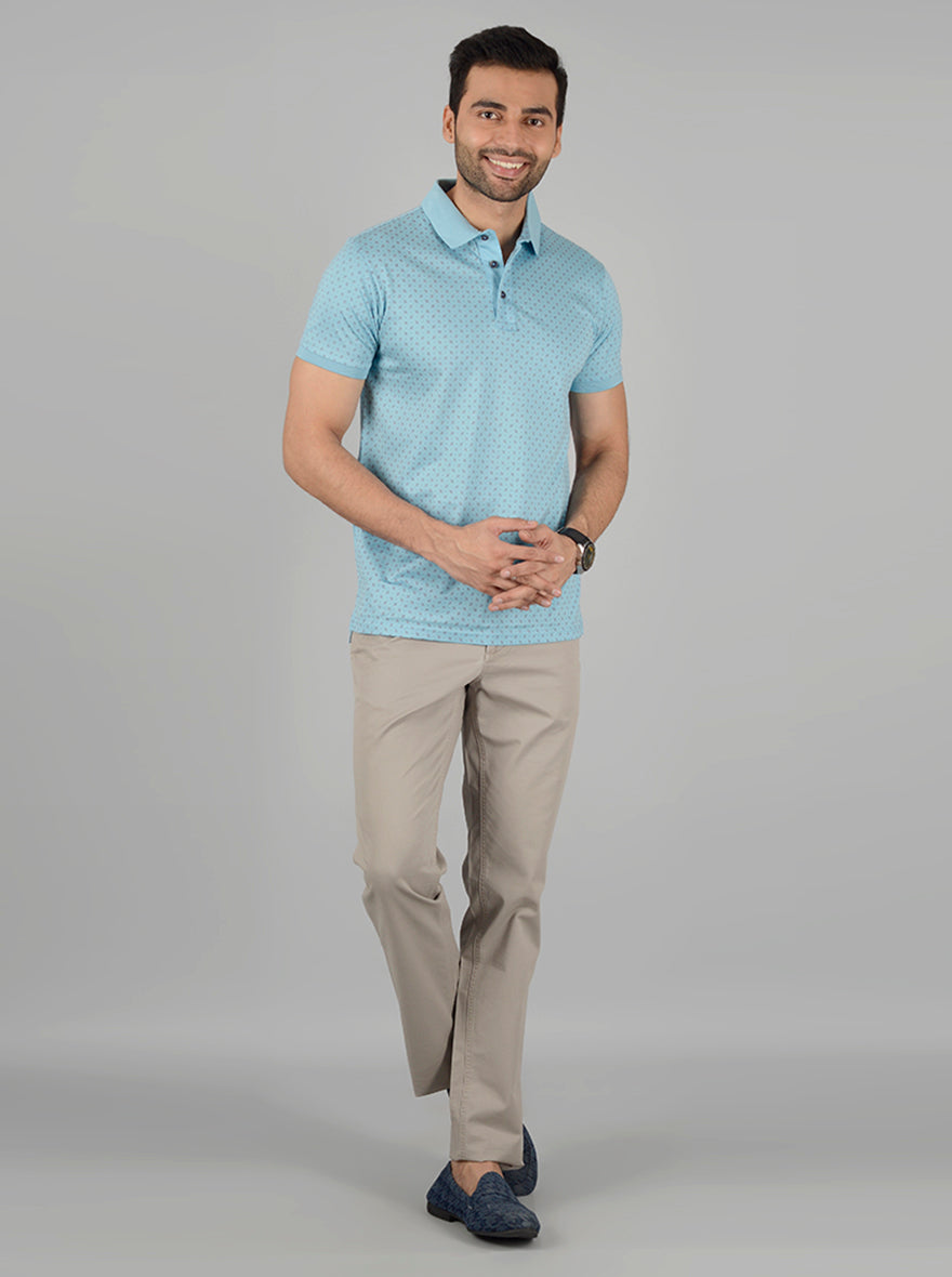 Sky Blue Printed Slim Fit Polo T-Shirt | JB Sport