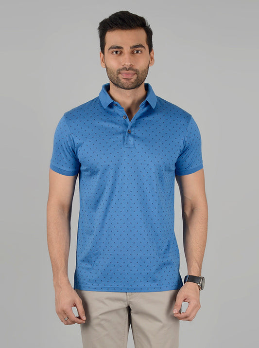 Blue Printed Slim Fit Polo T-Shirt | JB Sport