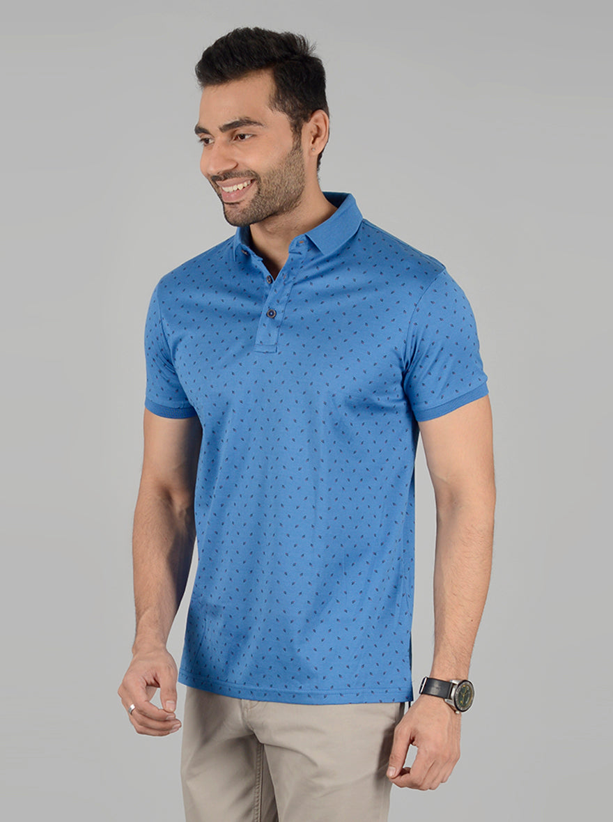 Blue Printed Slim Fit Polo T-Shirt | JB Sport