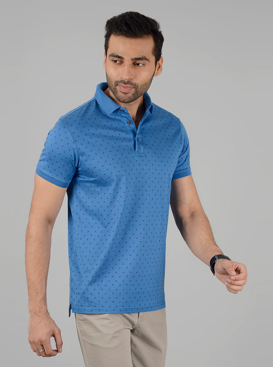 Blue Printed Slim Fit Polo T-Shirt | JB Sport