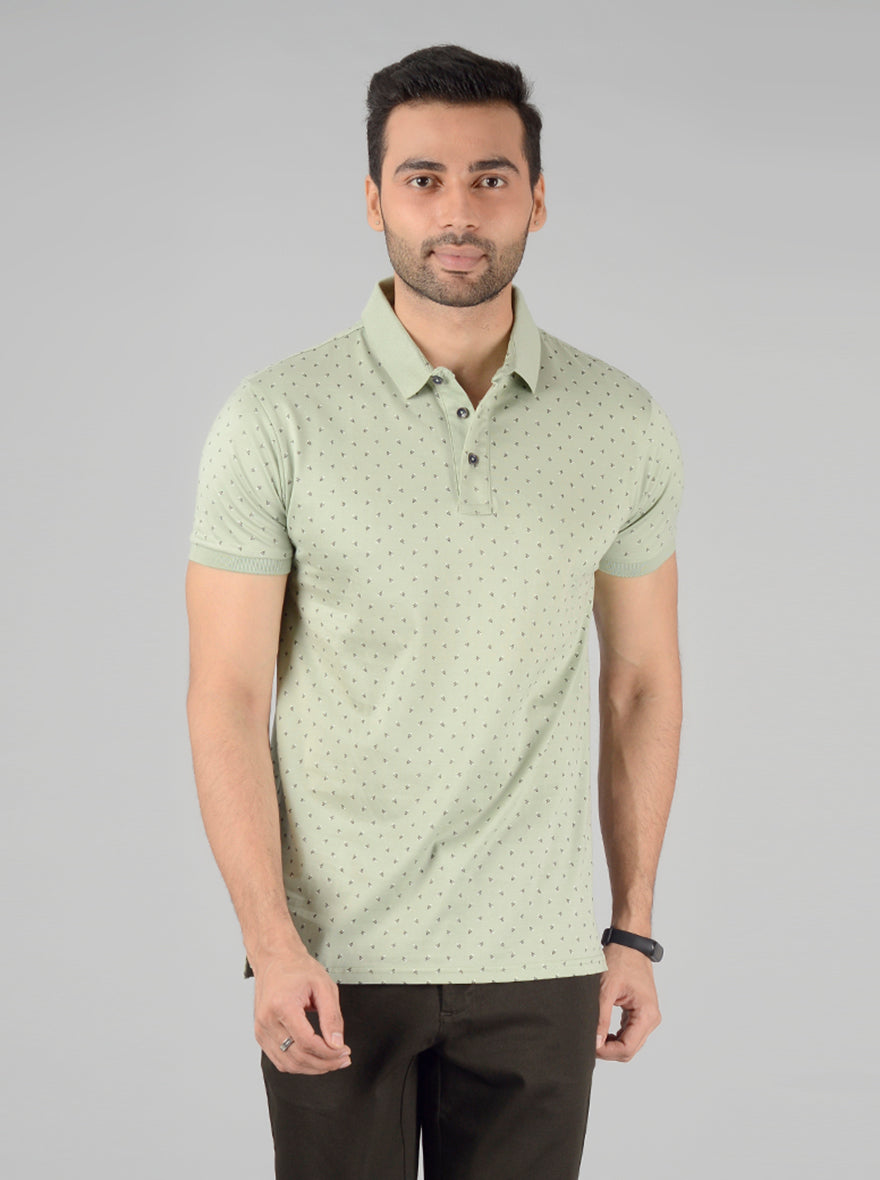 Green Printed Slim Fit Polo T-Shirt | JB Sport