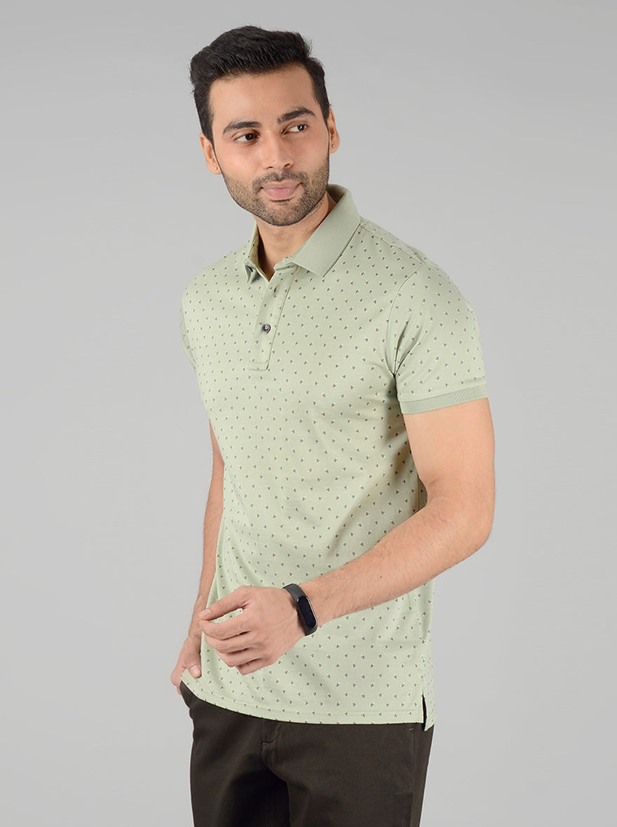 Green Printed Slim Fit Polo T-Shirt | JB Sport