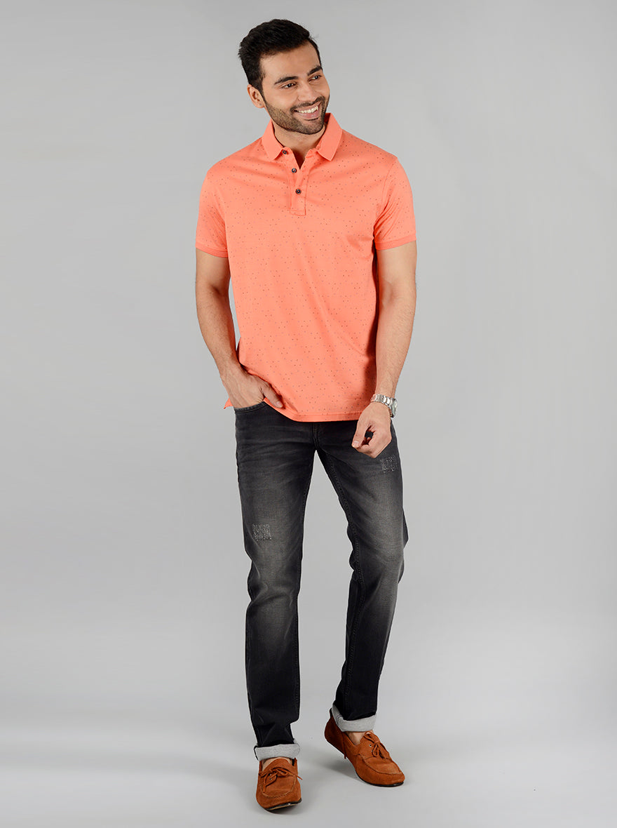 Light Orange Printed Slim Fit Polo T-Shirt | JB Sport