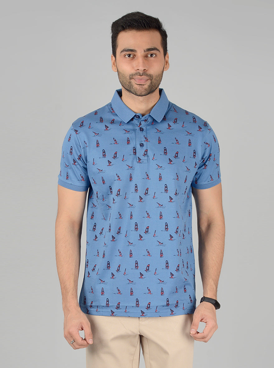 Light Blue Printed Slim Fit Polo T-Shirt | JB Sport