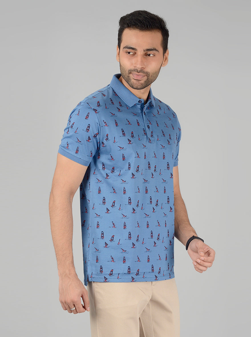 Light Blue Printed Slim Fit Polo T-Shirt | JB Sport