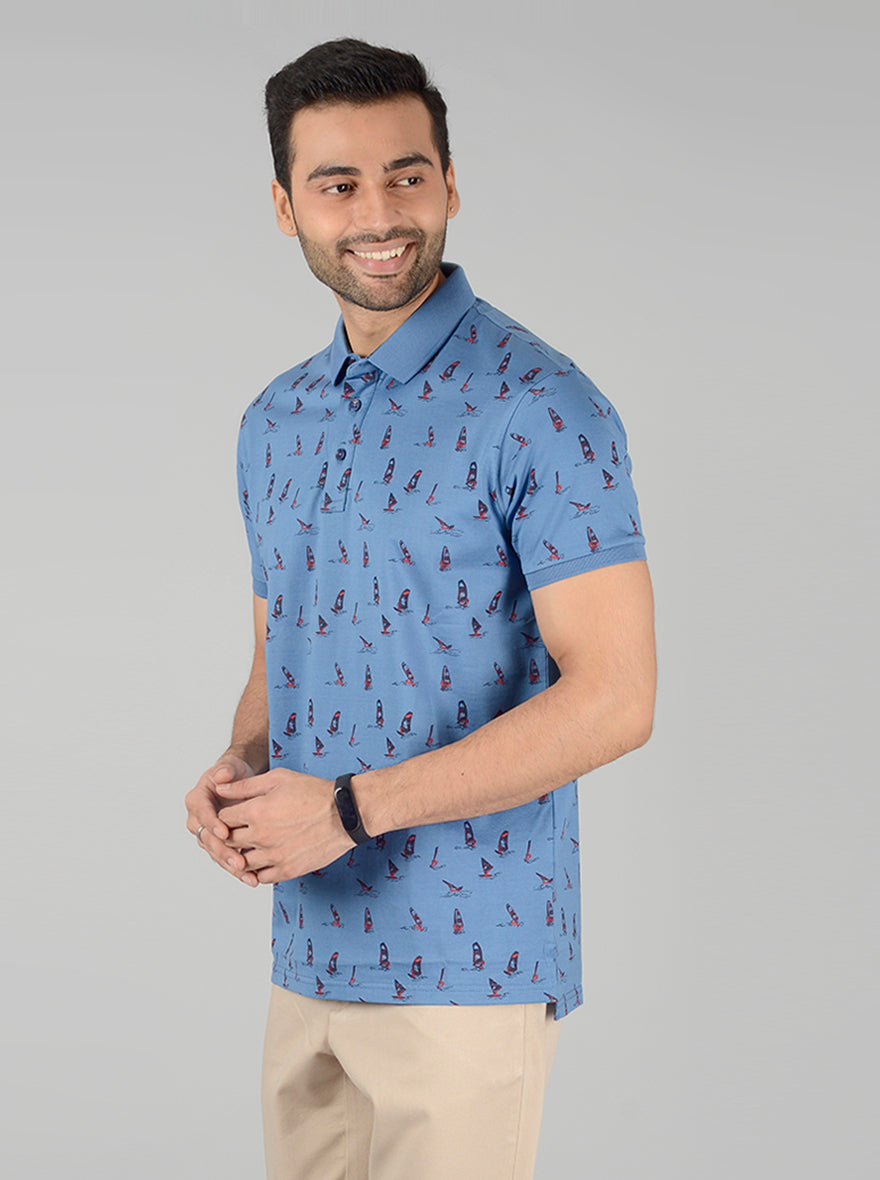 Light Blue Printed Slim Fit Polo T-Shirt | JB Sport