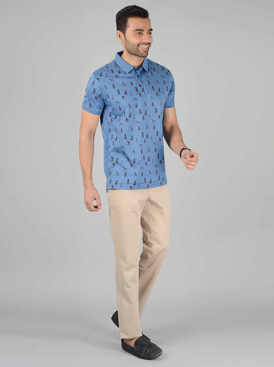 Light Blue Printed Slim Fit Polo T-Shirt | JB Sport