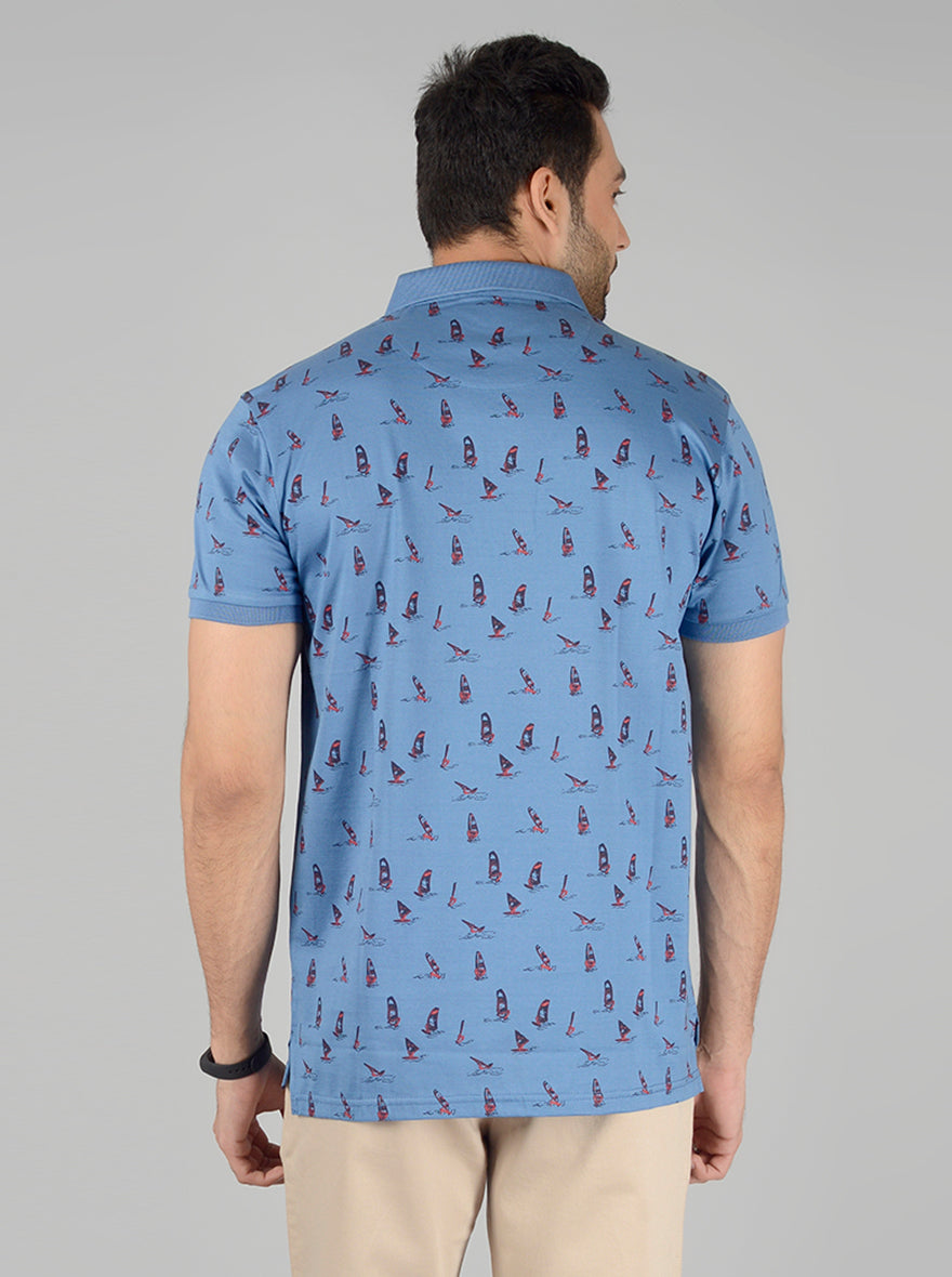 Light Blue Printed Slim Fit Polo T-Shirt | JB Sport