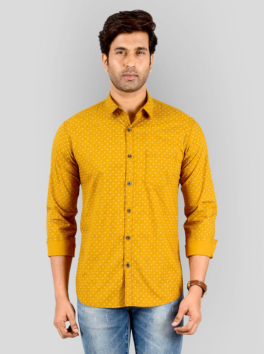 Mustard Yellow Printed Slim Fit Casual Shirt | Greenfibre