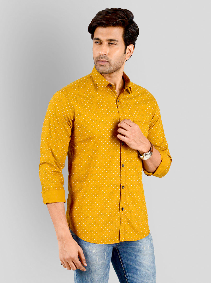 Mustard Yellow Printed Slim Fit Casual Shirt | Greenfibre