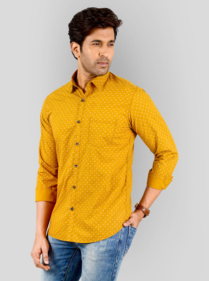 Mustard Yellow Printed Slim Fit Casual Shirt | Greenfibre