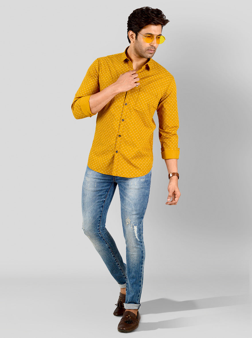 Mustard Yellow Printed Slim Fit Casual Shirt | Greenfibre